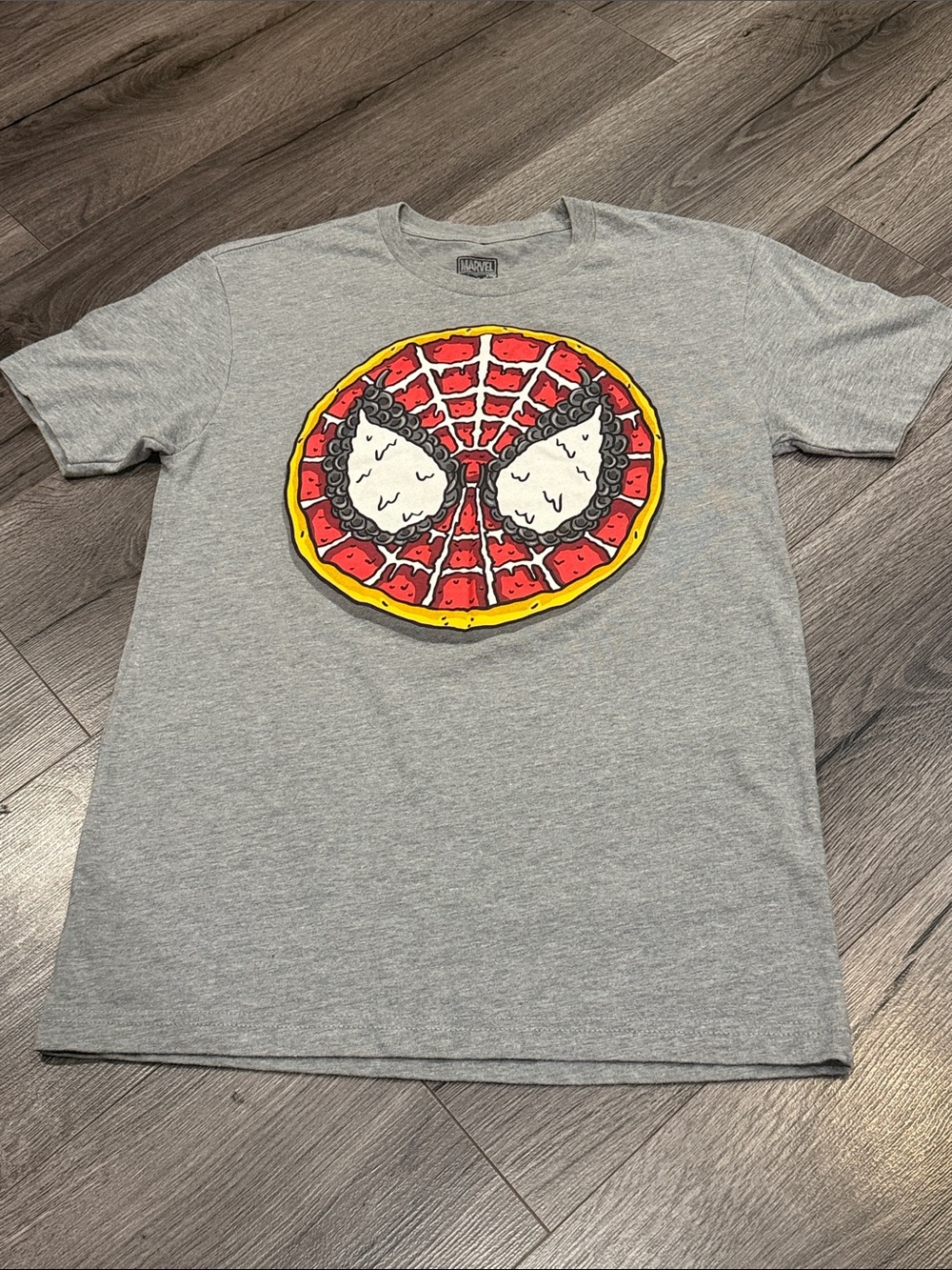 Marvel Gray Tee with Spider-Man Pizza Graphic